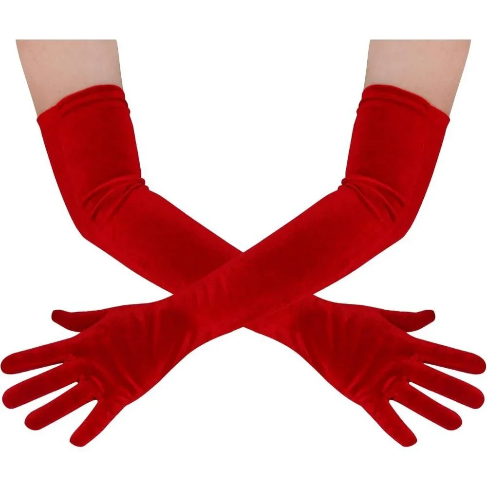 Women's Red Velvet Long Gloves Elbow Length Costume Flapper Evening Banquet